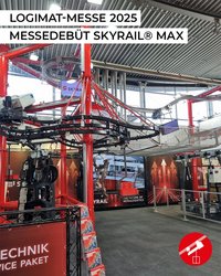 Stand der SEH Fördersysteme auf der Messe. Technik der SKYRAIL(R) zu sehen. Stand ist iden Farben rot,schwarz und weiß gehalten.