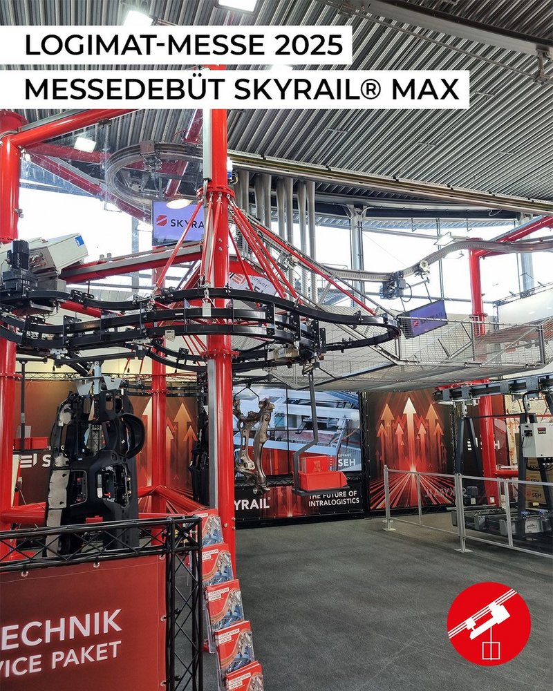 Stand der SEH Fördersysteme auf der Messe. Technik der SKYRAIL(R) zu sehen. Stand ist iden Farben rot,schwarz und weiß gehalten.