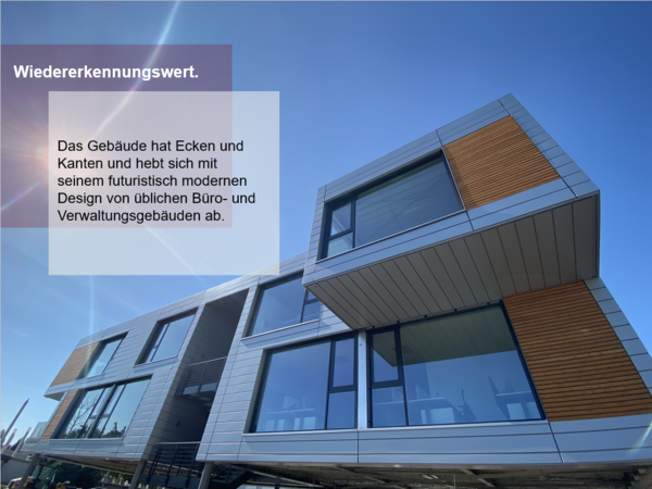 Bürogebäude "Space Cube" mit Text