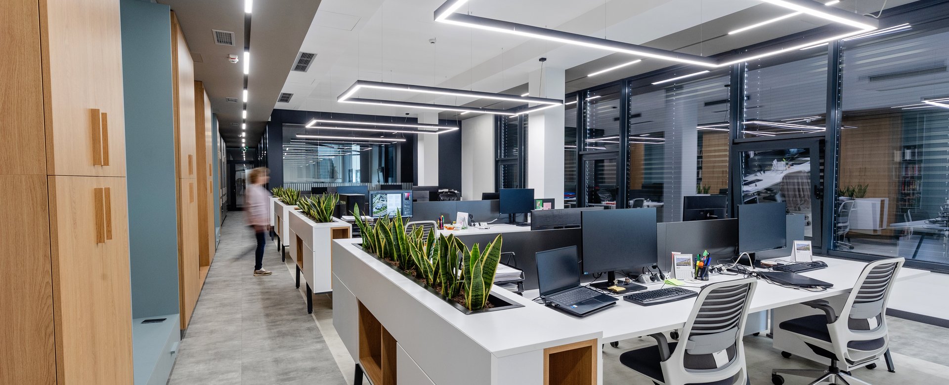 Modern eingerichtetes Büro mit heller, offener Raumgestaltung