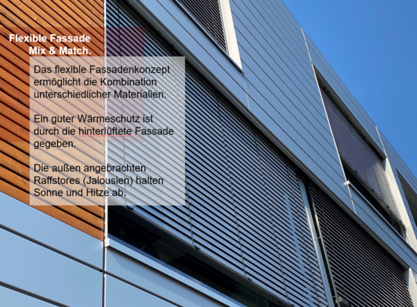 Teilansicht vom Bürogebäude "Space Cube" mit Textfeld